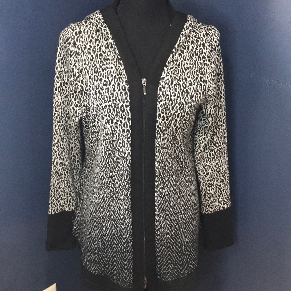 Michael Tyler Women's Zip Front Hooded Cardigan, S/P, Black, White, & Gray